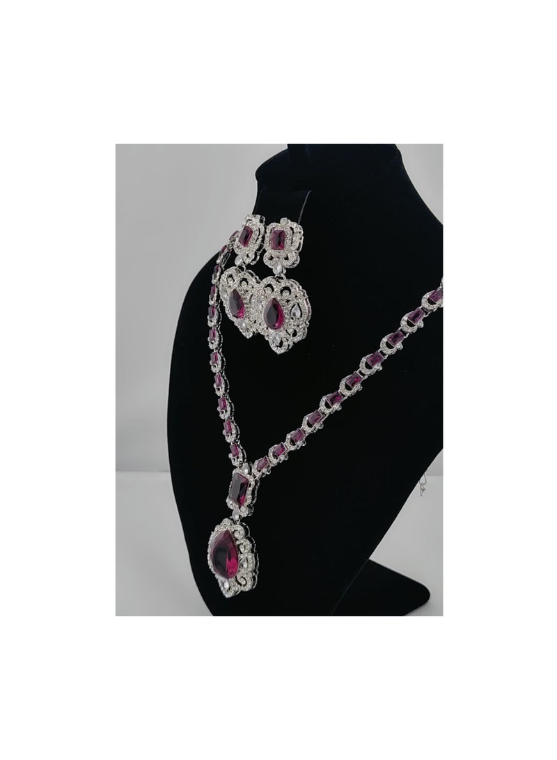 NATHNI Burgundy Red with Silver-Tone Necklace &Earrings American stone - Image 5